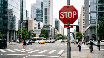 Fototapeta premium The unmistakable red stop sign stands as a crucial visual command at a bustling city crossroad, ensuring safety and order amidst urban movement