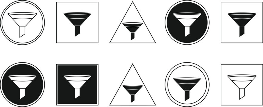 set of black funnels icon in various shapes, frames, and styles, vector illustration isolated on background.