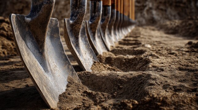 A row of metal shovels partially embedded in soil lined up for a groundbreaking or construction event on a dry earth surface in a diagonal perspective