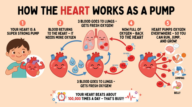 Educational illustration explaining how the human heart functions as a powerful pump for oxygen