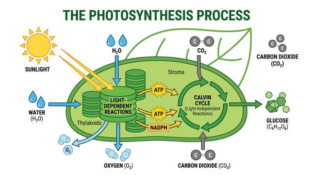 Diagram illustrating the complex biological process of photosynthesis within a plant cell