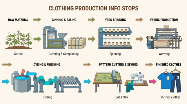 Illustrated diagram detailing the multi-stage process of textile and apparel manufacturing from