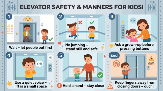 Guidance on safe elevator practices and considerate behavior for young children during transit