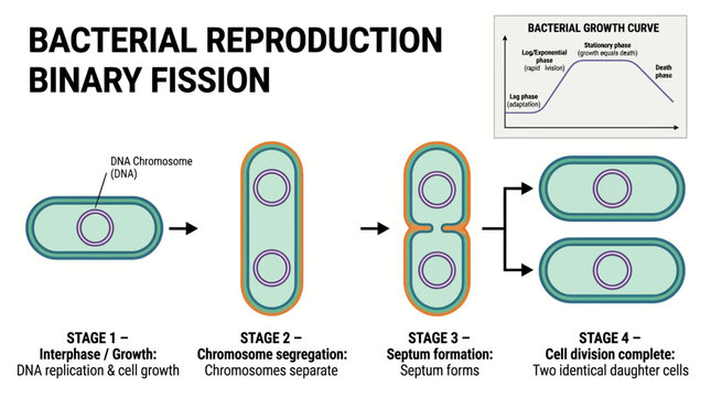 Illustrative diagram depicting the step-by-step process of bacterial reproduction through binary