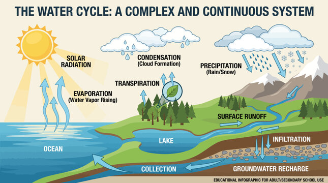 Illustrative Diagram Explaining Earth's Continuous Hydrological Cycle and Atmospheric Phenomena