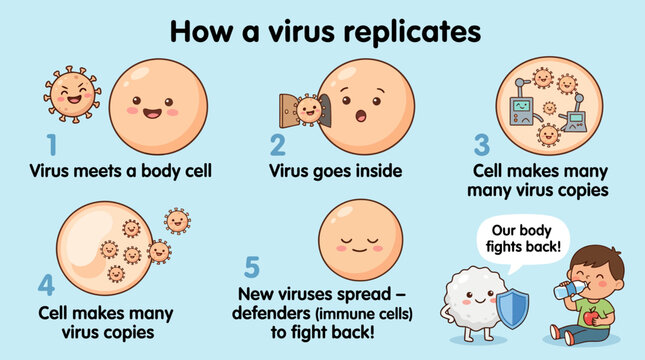 Visualizing the intricate process of viral replication and the body's immune response