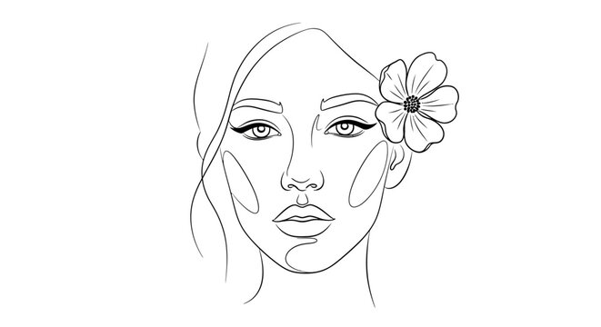 Minimalist Line Art Woman Face with Flower, Elegant Beauty Portrait Sketch