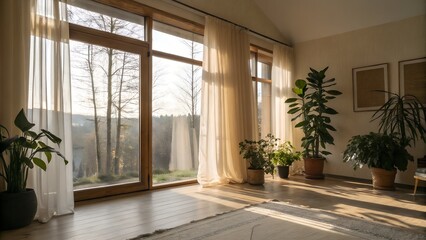 Fototapeta premium Spacious room and sunlight coming in through large glass doors, with natural serenity views