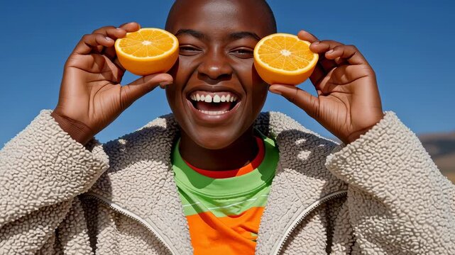 Happy african person smiling and having fun covering eyes with fresh juicy orange halves outdoors against a blue sky