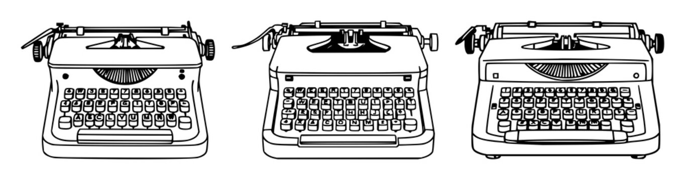 Black line art, white background: retro-futuristic typewriter set with simple line art design featuring simple design, minimalist, black and white with illustrations and graphics