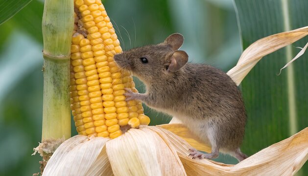 a mouse eating corn in a corn field
