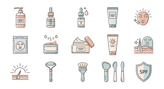 Skincare products and makeup tools.