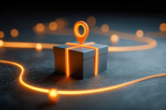 Black gift box wrapped with glowing orange neon ribbon and location marker symbol connected by illuminated path on dark surface background for delivery concept