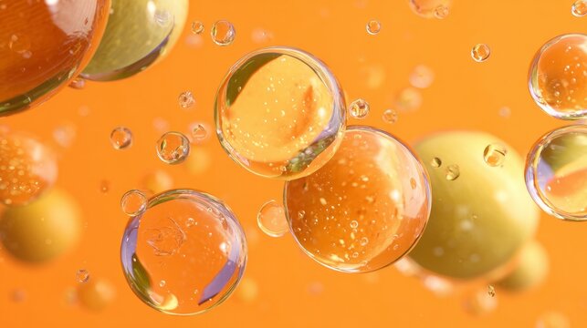 Skincare oil and vitamin bubbles, tiny bits, spin around on an orange surface.