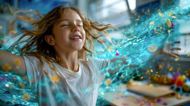 Schoolgirl in a sunny classroom with a magical stream of summer joy