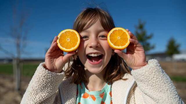 Playful girl making funny faces with orange halves over her eyes and laughing outdoors on a sunny day