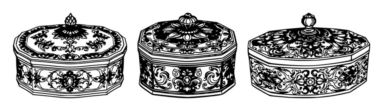 Black line art, white background: ornate silver snuff box set with simple line art design featuring simple design, minimalist, black and white with illustrations and graphics