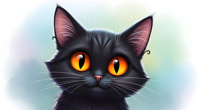 A black cat with orange eyes and a pink nose looks directly at the viewer against a blurred background.