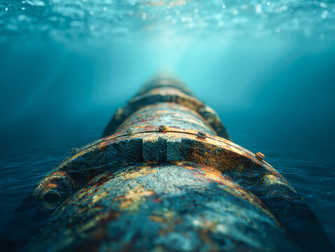 Rusty underwater pipeline extending into deep blue ocean water with sunlight filtering from the surface above