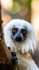 Fototapeta premium Up-close portrait of a lemur, with distinctive white fur, peering out with bright orange eyes from the safety of a tree