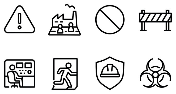 Safety icons with warning factory barrier shield outline style