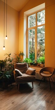 Armchair and plants arranged near tall window in warm cozy corner