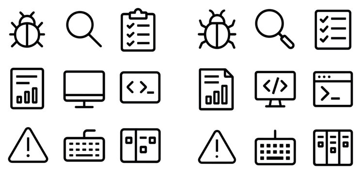 Software testing icons with bug magnifier checklist outline clean