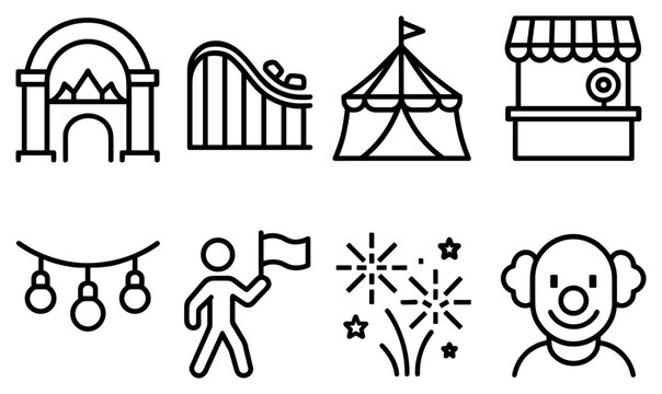 Carnival icons with tent rollercoaster stall clown in outline style