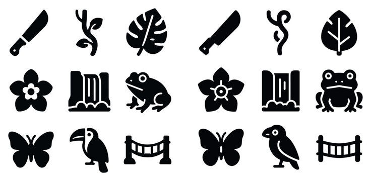 Jungle icons with leaf and frog bold silhouette