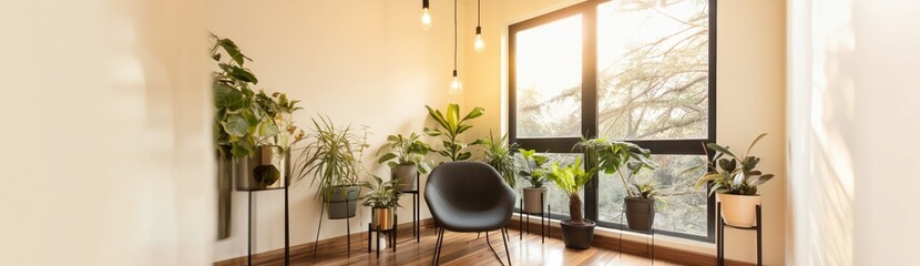Fototapeta premium Single chair among potted plants in bright window nook interior