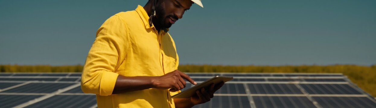 Man using tablet while inspecting solar panel array outdoors