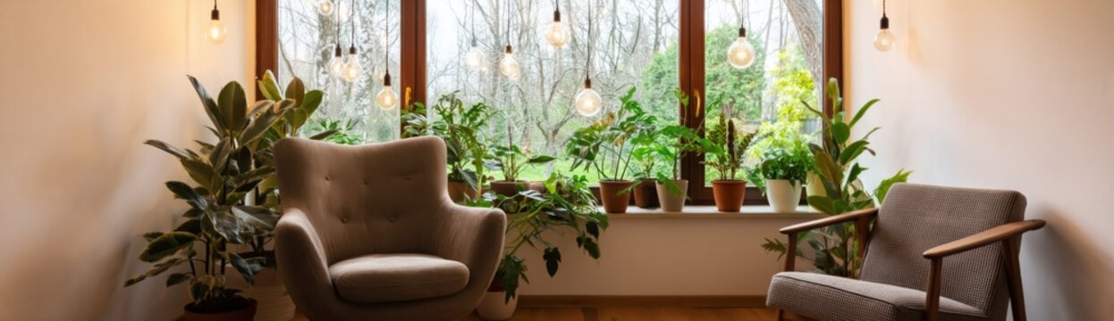 Armchairs beside window with potted plants interior