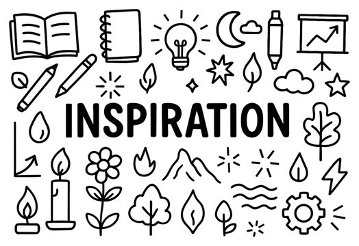 Inspiration icons with book light leaf doodle