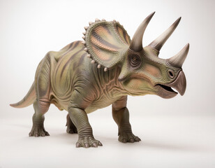 Fototapeta premium Realistic triceratops dinosaur model on a white background, museum exhibit, prehistoric reptile
