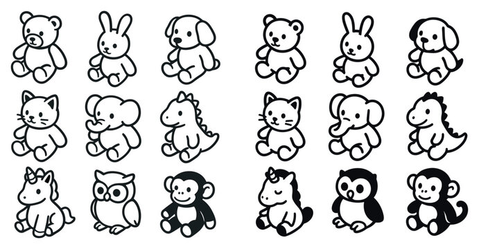 Children icons with bear rabbit dog cat elephant unicorn owl monkey minimal