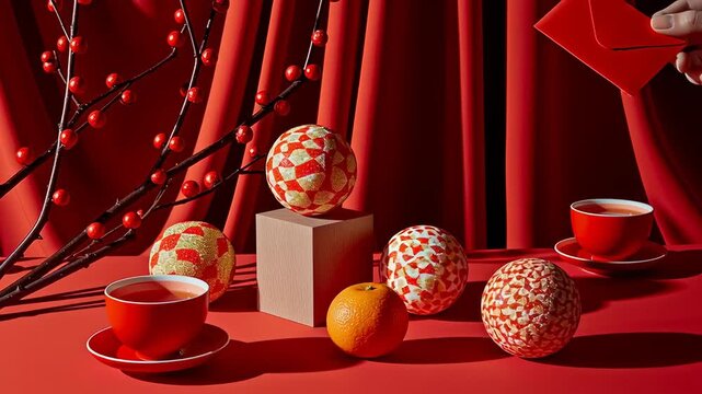 Hand giving red envelope for Chinese New Year on festive background with traditional decorations, mandarins, and tea