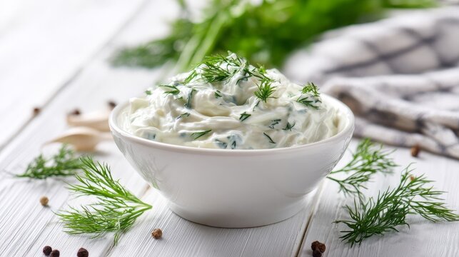 Creamy sour cream with dill sat on a white wooden table.