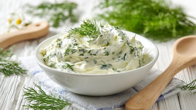 Creamy sour cream with dill sat on a white wooden table.