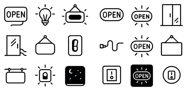 Open icons with sign light switch door simple outline