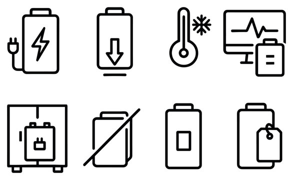 Battery icons with charger thermometer and monitor outline