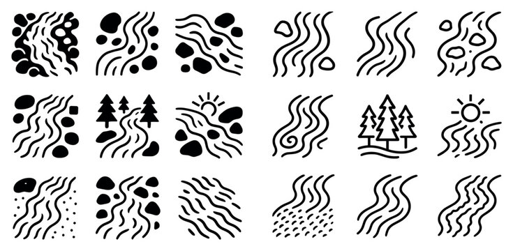 Nature flow icons with river pebble tree minimal outline style