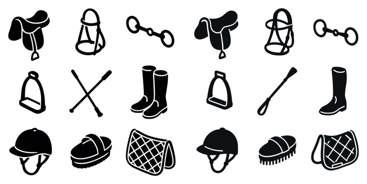 Equestrian icons with saddle bridle helmet outline style