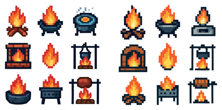 Outdoor icons with campfire brazier cauldron pixel retro