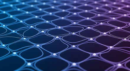 Naklejka premium Abstract digital network with glowing nodes and interconnected lines, showcasing data flow and technological complexity in blue and purple hues.