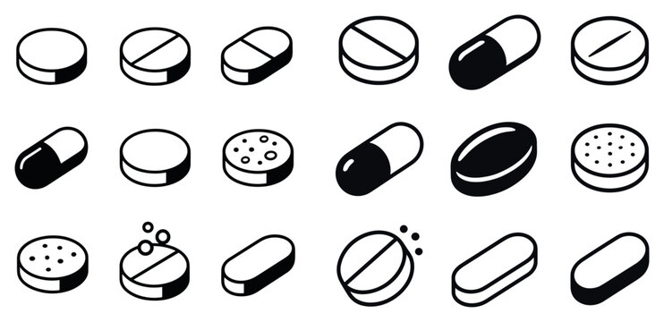 Medicine icons with pill capsule tablet minimal outline
