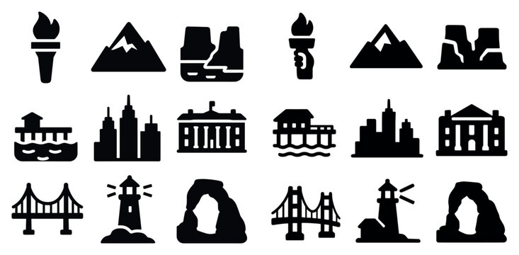 Landmark icons with mountain and bridge bold solid icons