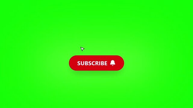 Subscribe button animation on green screen, red social media follow button with bell icon, mouse cursor clicking subscribe overlay for video editing