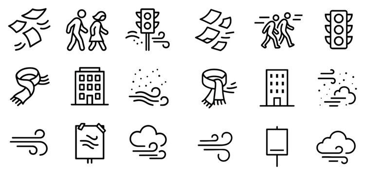 Urban commute icons with person traffic light and wind outline