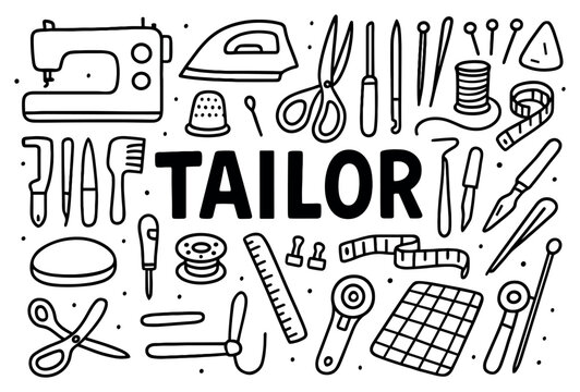 Tailor icons with sewing machine scissors thread doodle style