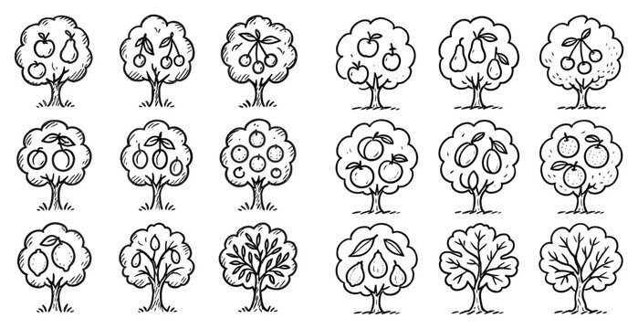 Orchard icons with apple pear tree hand drawn style